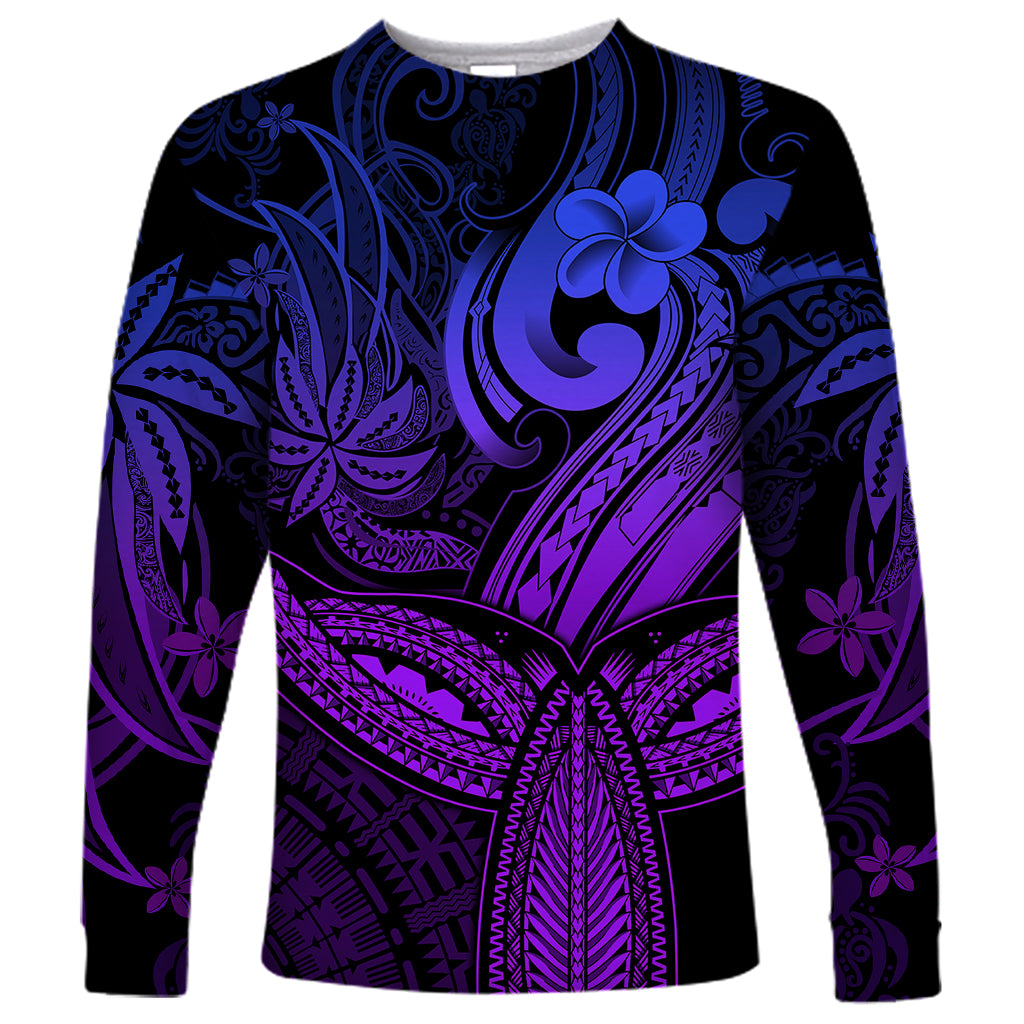 Polynesia Long Sleeve Shirt Whale Tale and Polynesian Sunset Plumeria Purple LT9 Unisex Purple - Polynesian Pride