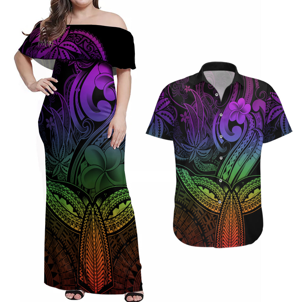 Polynesia Couples Matching Off Shoulder Maxi Dress and Hawaiian Shirt Whale Tale and Polynesian Sunset Plumeria Rainbow LT9 Rainbow - Polynesian Pride