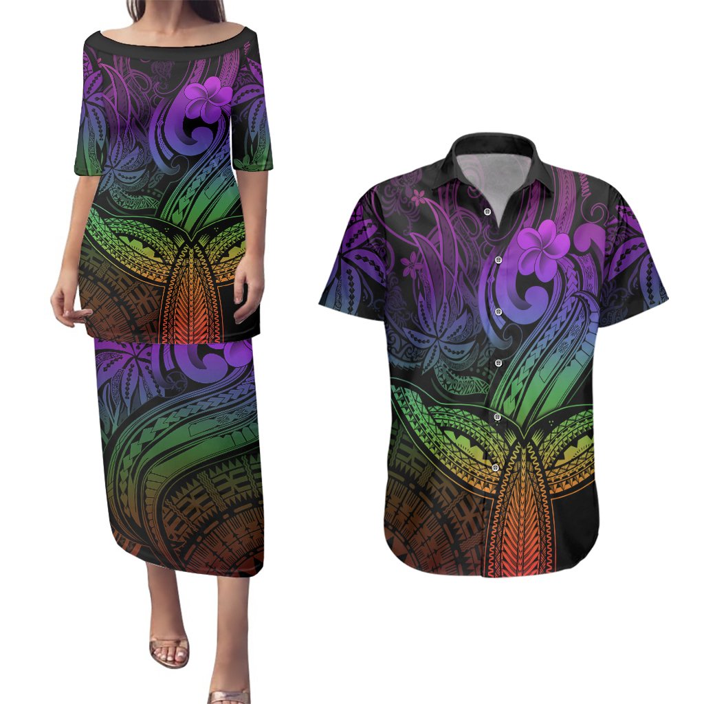 Polynesia Couples Matching Puletasi Dress and Hawaiian Shirt Whale Tale and Polynesian Sunset Plumeria Rainbow LT9 Rainbow - Polynesian Pride