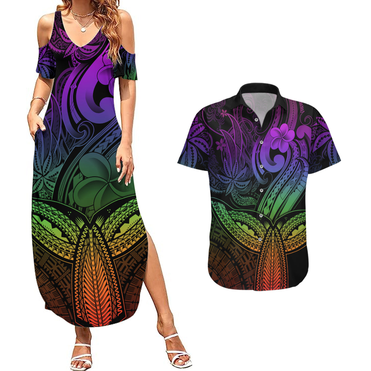 Polynesia Couples Matching Summer Maxi Dress and Hawaiian Shirt Whale Tale and Polynesian Sunset Plumeria Rainbow LT9 Rainbow - Polynesian Pride