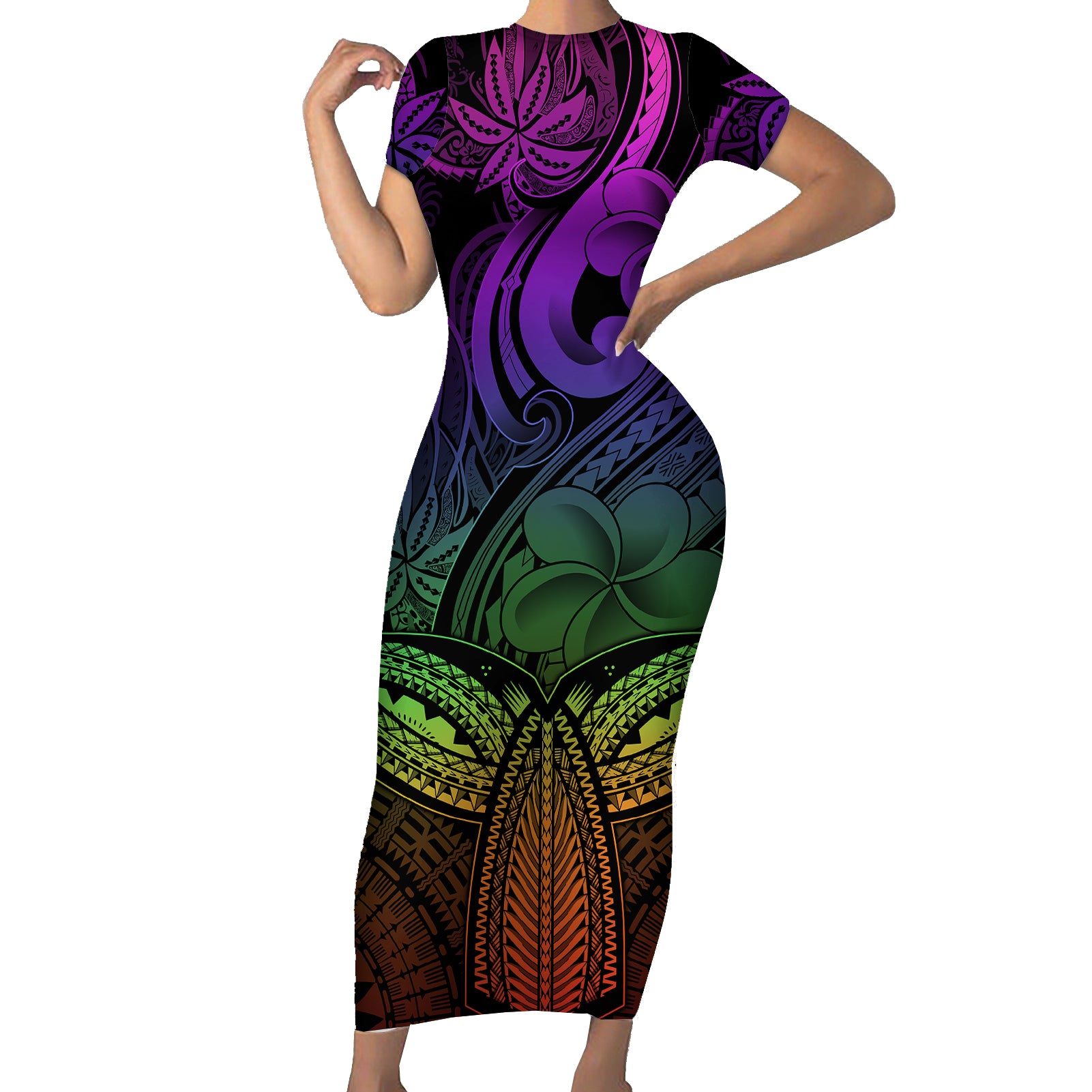 Polynesia Short Sleeve Bodycon Dress Whale Tale and Polynesian Sunset Plumeria Rainbow LT9 Long Dress Rainbow - Polynesian Pride