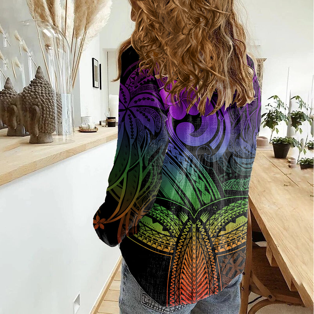 Polynesia Women Casual Shirt Whale Tale and Polynesian Sunset Plumeria Rainbow LT9 - Polynesian Pride