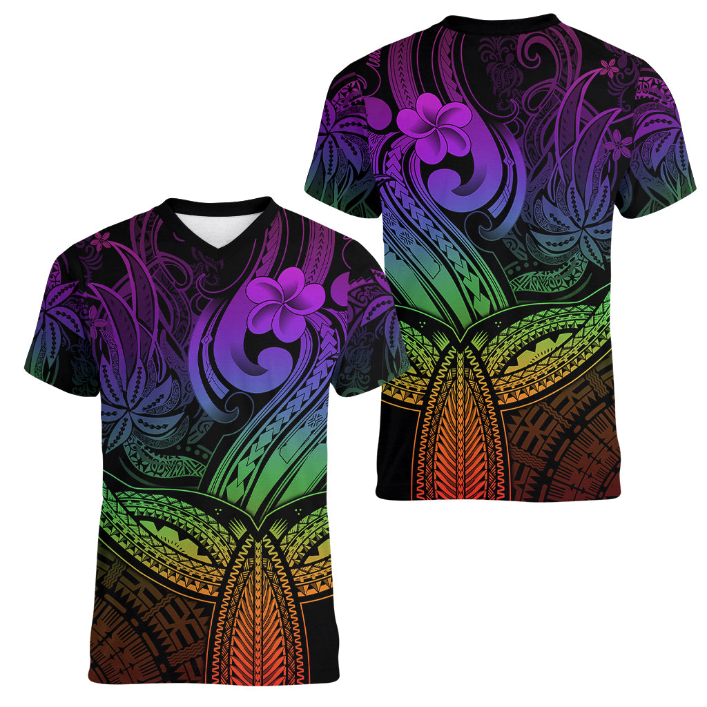 Polynesia Women V Neck T Shirt Whale Tale and Polynesian Sunset Plumeria Rainbow LT9 - Polynesian Pride