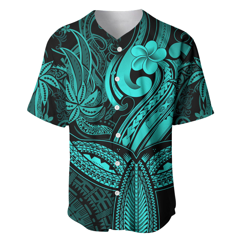 Polynesia Baseball Jersey Whale Tale and Polynesian Sunset Plumeria Turquoise LT9 Turquoise - Polynesian Pride