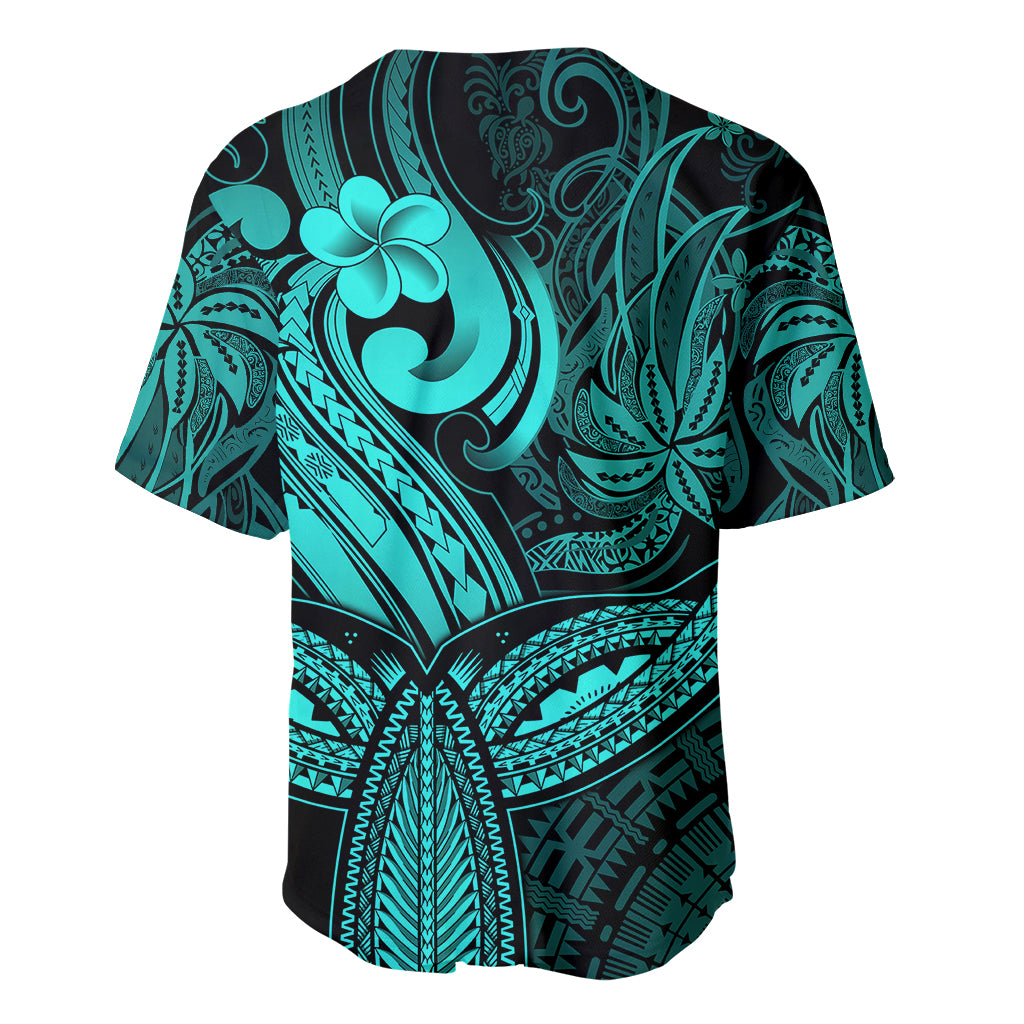 Polynesia Baseball Jersey Whale Tale and Polynesian Sunset Plumeria Turquoise LT9 - Polynesian Pride