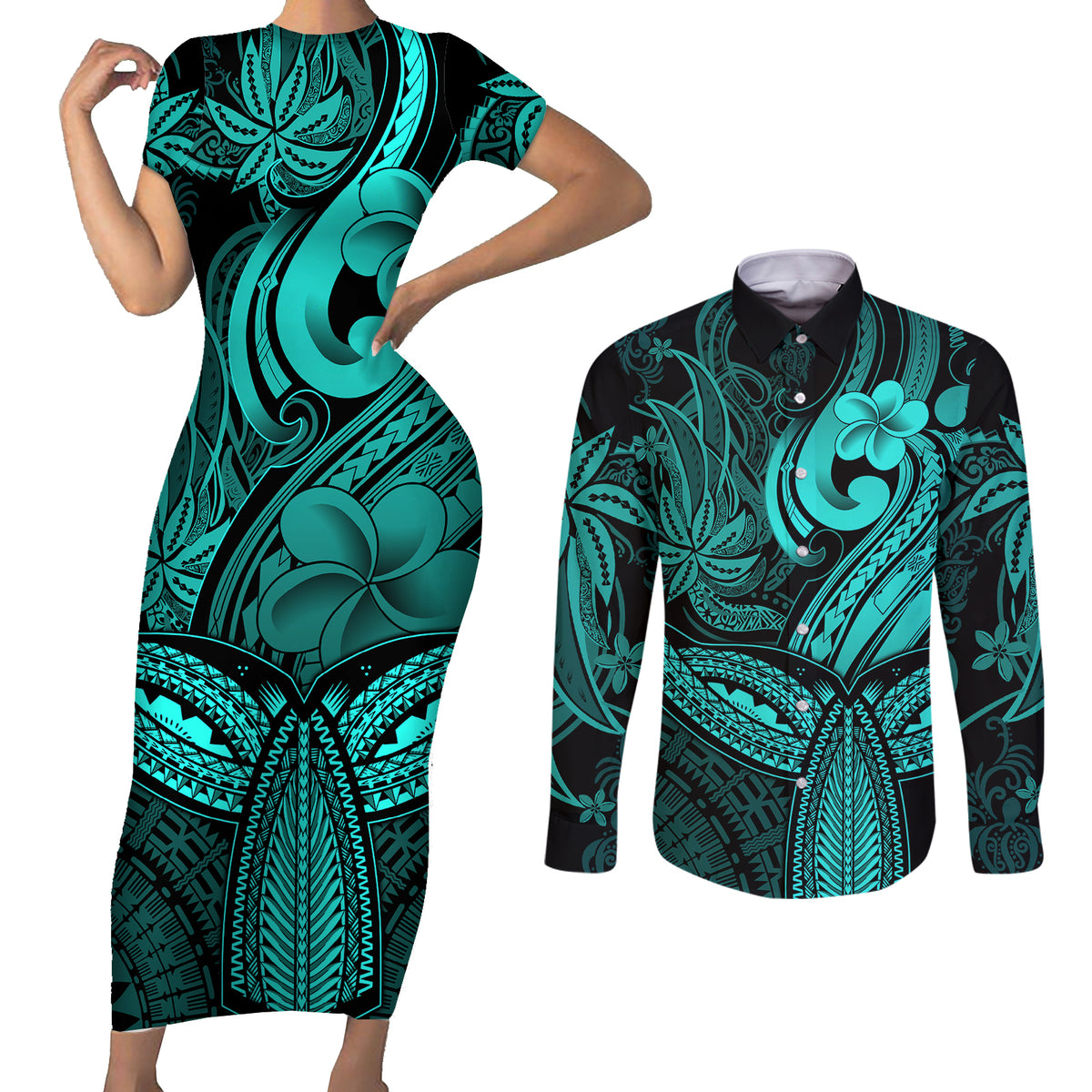Polynesia Couples Matching Short Sleeve Bodycon Dress and Long Sleeve Button Shirts Whale Tale and Polynesian Sunset Plumeria Turquoise LT9 Turquoise - Polynesian Pride