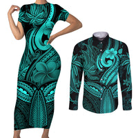 Polynesia Couples Matching Short Sleeve Bodycon Dress and Long Sleeve Button Shirts Whale Tale and Polynesian Sunset Plumeria Turquoise LT9 Turquoise - Polynesian Pride
