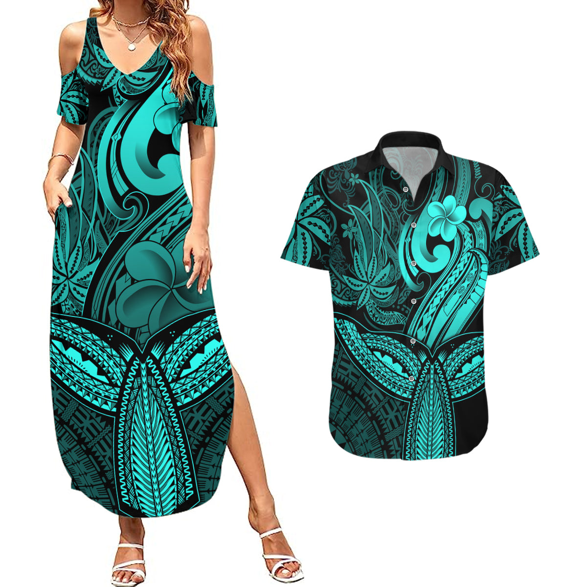 Polynesia Couples Matching Summer Maxi Dress and Hawaiian Shirt Whale Tale and Polynesian Sunset Plumeria Turquoise LT9 Turquoise - Polynesian Pride