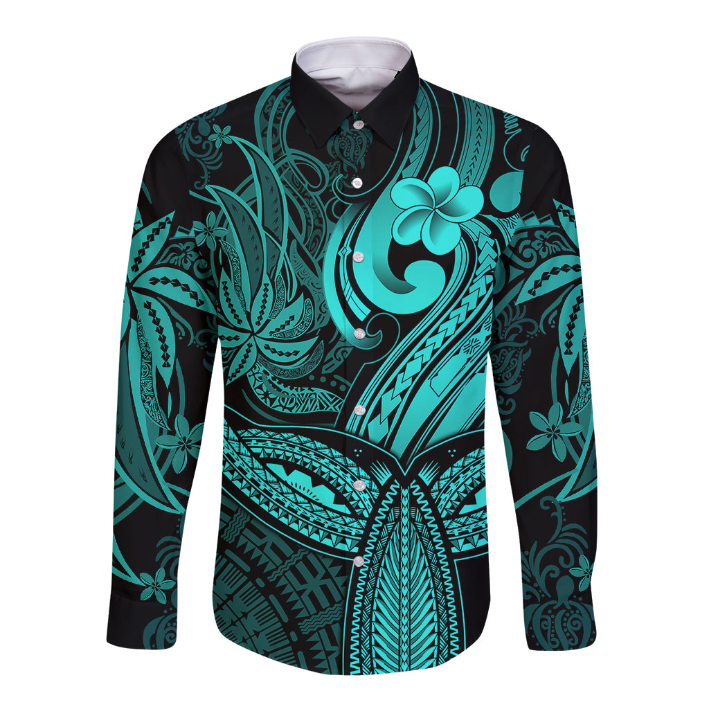 Polynesia Long Sleeve Button Shirt Whale Tale and Polynesian Sunset Plumeria Turquoise LT9 Unisex Turquoise - Polynesian Pride