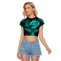 Polynesia Raglan Cropped T Shirt Whale Tale and Polynesian Sunset Plumeria Turquoise LT9 Female Turquoise - Polynesian Pride