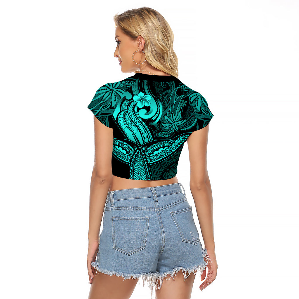 Polynesia Raglan Cropped T Shirt Whale Tale and Polynesian Sunset Plumeria Turquoise LT9 - Polynesian Pride