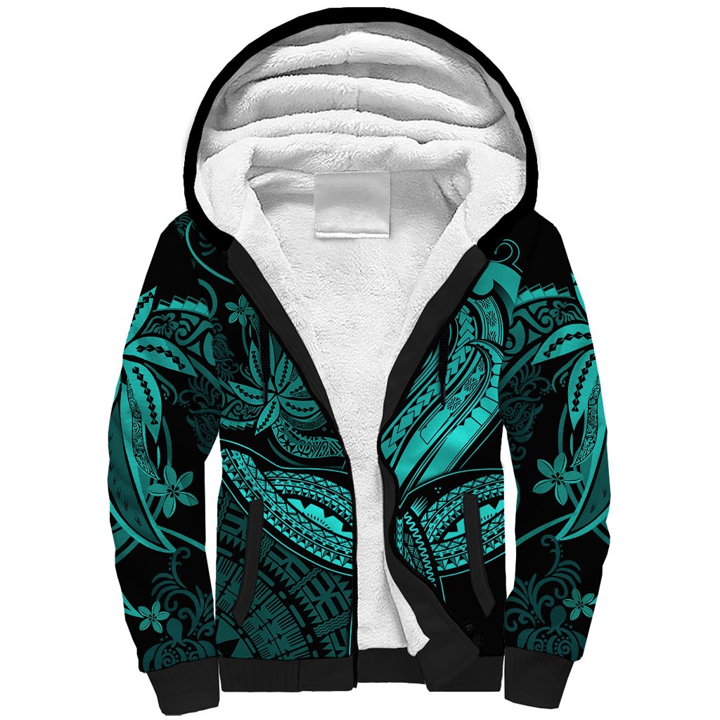 Polynesia Sherpa Hoodie Whale Tale and Polynesian Sunset Plumeria Turquoise LT9 Unisex Turquoise - Polynesian Pride