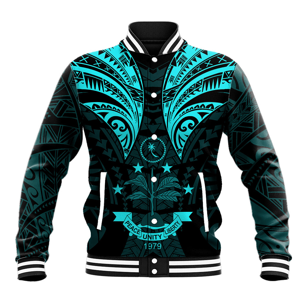 FSM Chuuk States Baseball Jacket Micronesia Vintage Polynesian Tribal Aqua Version LT9 Unisex Aqua - Polynesian Pride