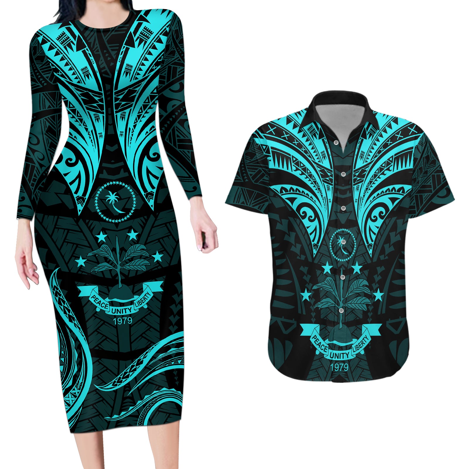 FSM Chuuk States Couples Matching Long Sleeve Bodycon Dress and Hawaiian Shirt Micronesia Vintage Polynesian Tribal Aqua Version LT9 Aqua - Polynesian Pride