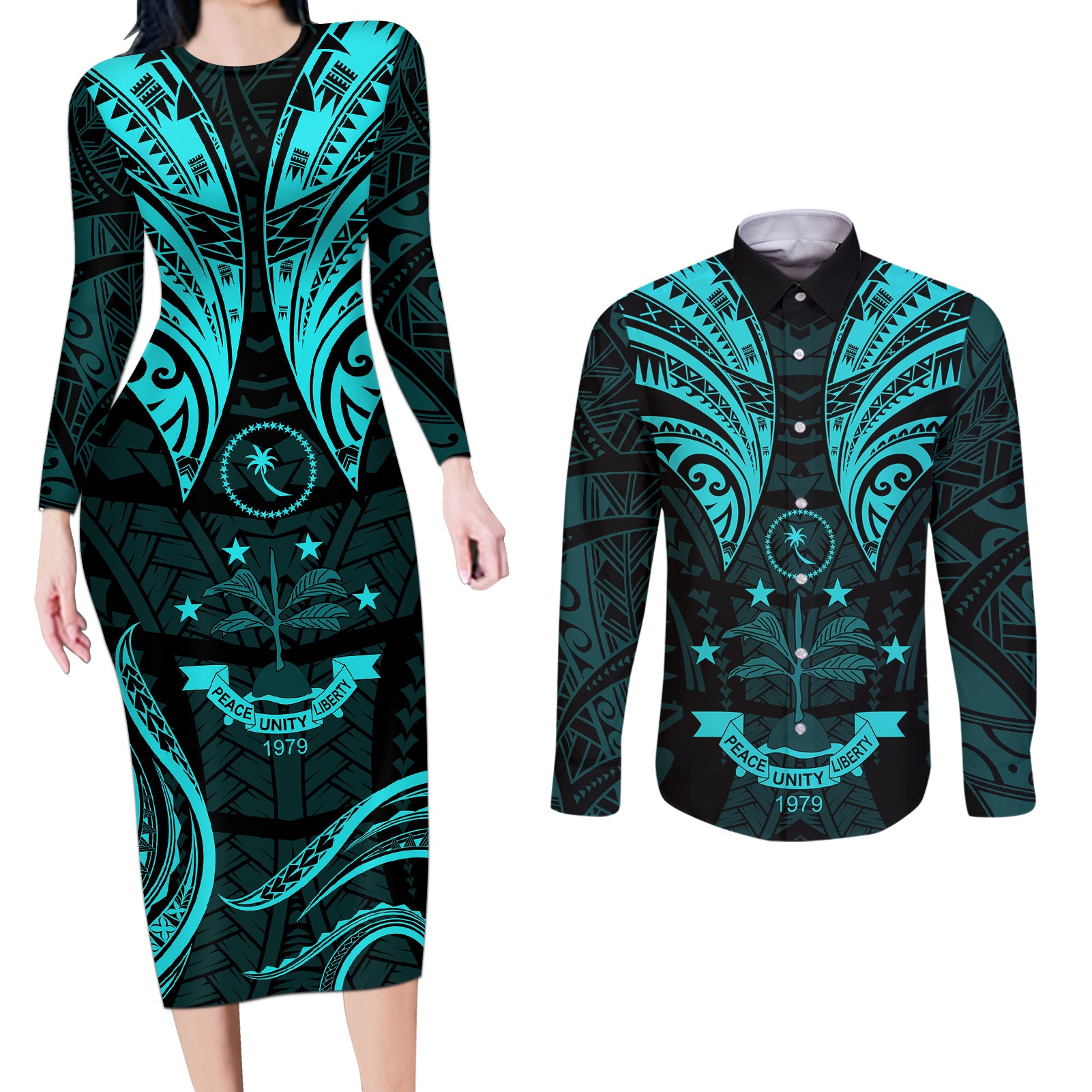 FSM Chuuk States Couples Matching Long Sleeve Bodycon Dress and Long Sleeve Button Shirts Micronesia Vintage Polynesian Tribal Aqua Version LT9 Aqua - Polynesian Pride