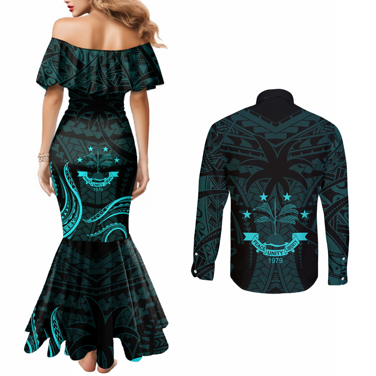 FSM Chuuk States Couples Matching Mermaid Dress and Long Sleeve Button Shirts Micronesia Vintage Polynesian Tribal Aqua Version LT9 - Polynesian Pride