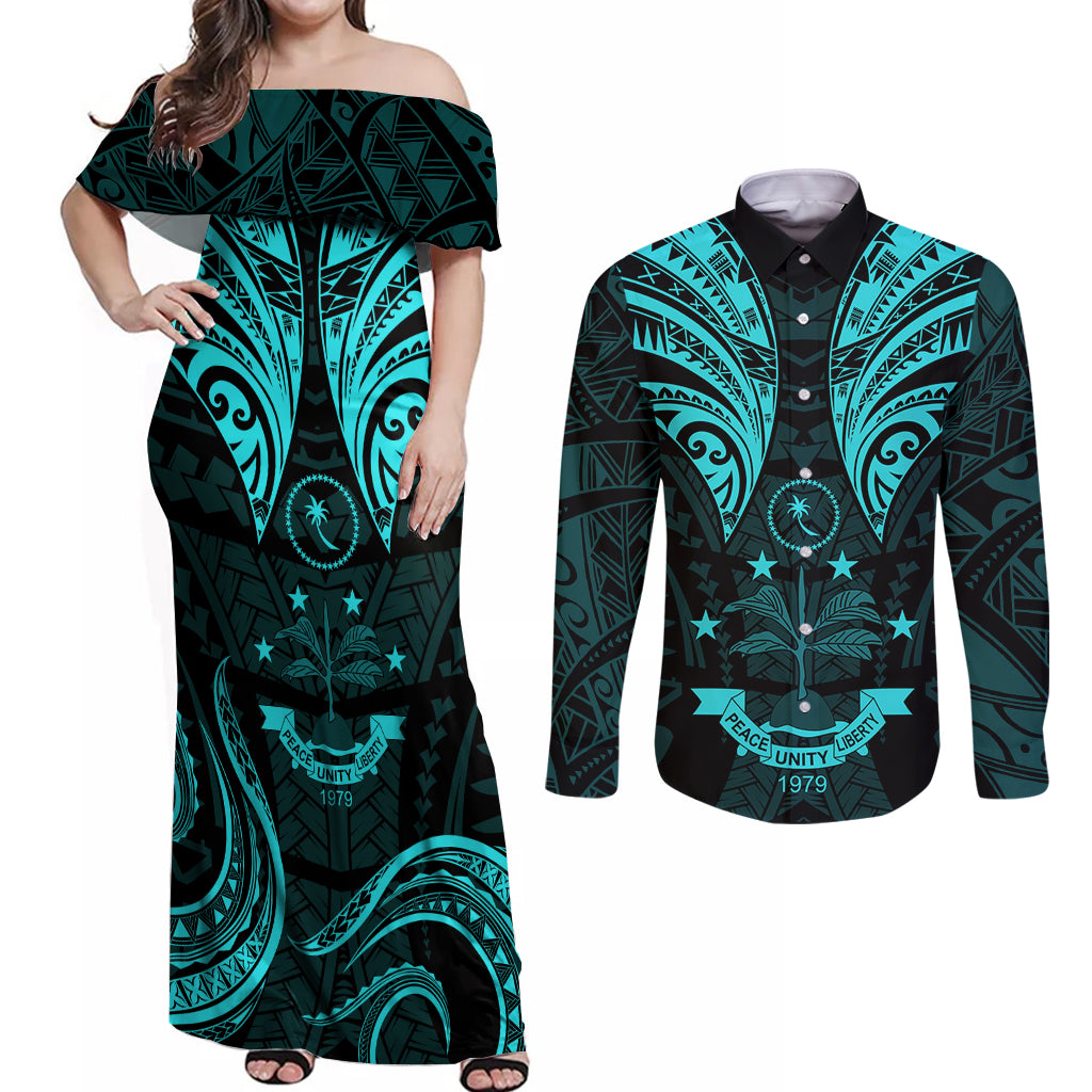FSM Chuuk States Couples Matching Off Shoulder Maxi Dress and Long Sleeve Button Shirts Micronesia Vintage Polynesian Tribal Aqua Version LT9 Aqua - Polynesian Pride