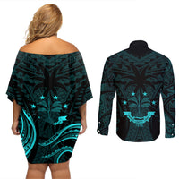 FSM Chuuk States Couples Matching Off Shoulder Short Dress and Long Sleeve Button Shirts Micronesia Vintage Polynesian Tribal Aqua Version LT9 - Polynesian Pride