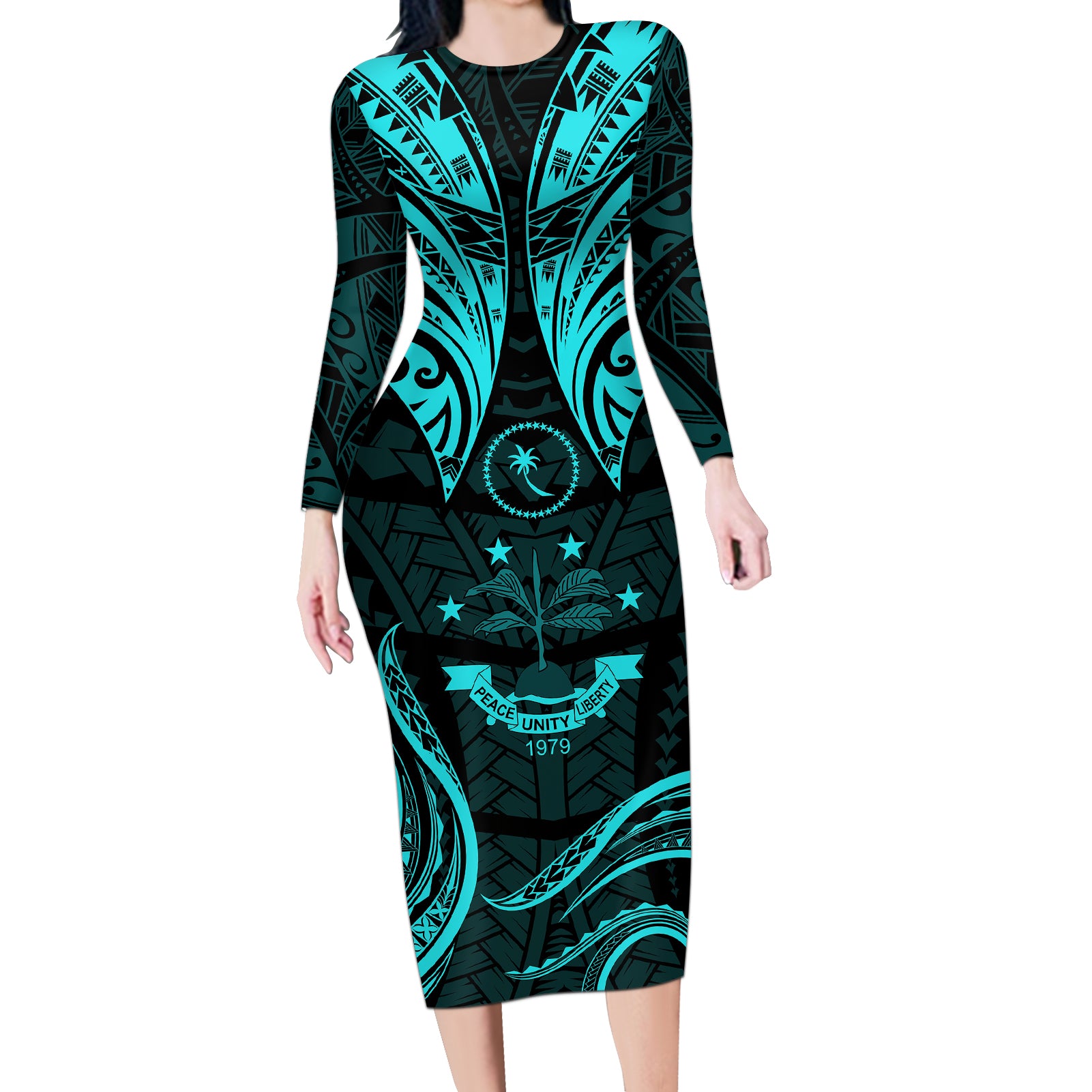 FSM Chuuk States Long Sleeve Bodycon Dress Micronesia Vintage Polynesian Tribal Aqua Version LT9 Long Dress Aqua - Polynesian Pride