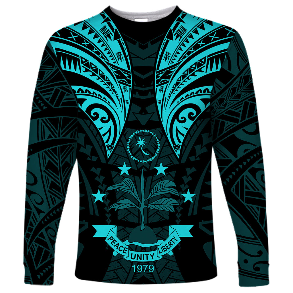 FSM Chuuk States Long Sleeve Shirt Micronesia Vintage Polynesian Tribal Aqua Version LT9 Unisex Aqua - Polynesian Pride