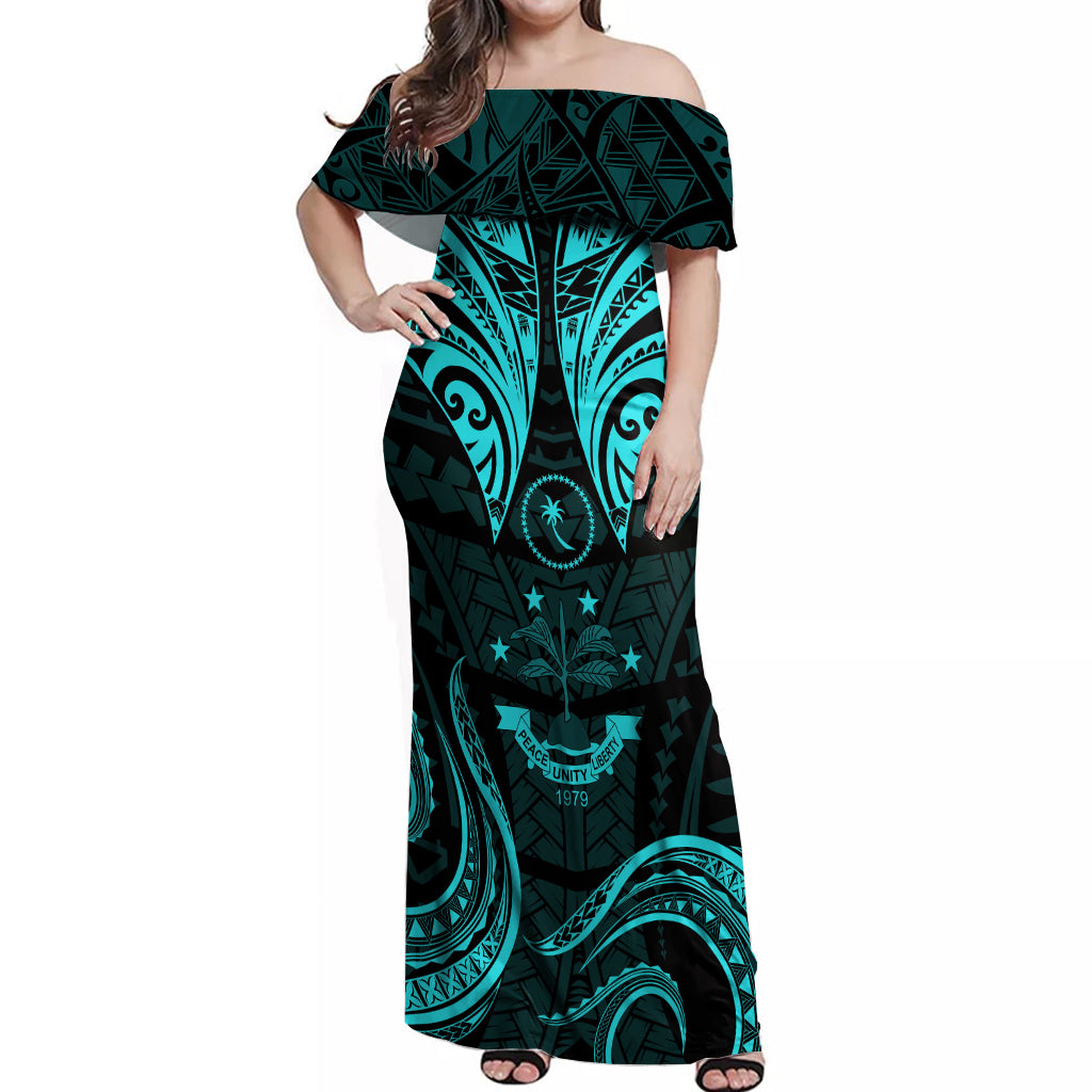 FSM Chuuk States Off Shoulder Maxi Dress Micronesia Vintage Polynesian Tribal Aqua Version LT9 Women Aqua - Polynesian Pride