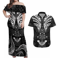 FSM Chuuk States Couples Matching Off Shoulder Maxi Dress and Hawaiian Shirt Micronesia Vintage Polynesian Tribal Black Version LT9 Black - Polynesian Pride