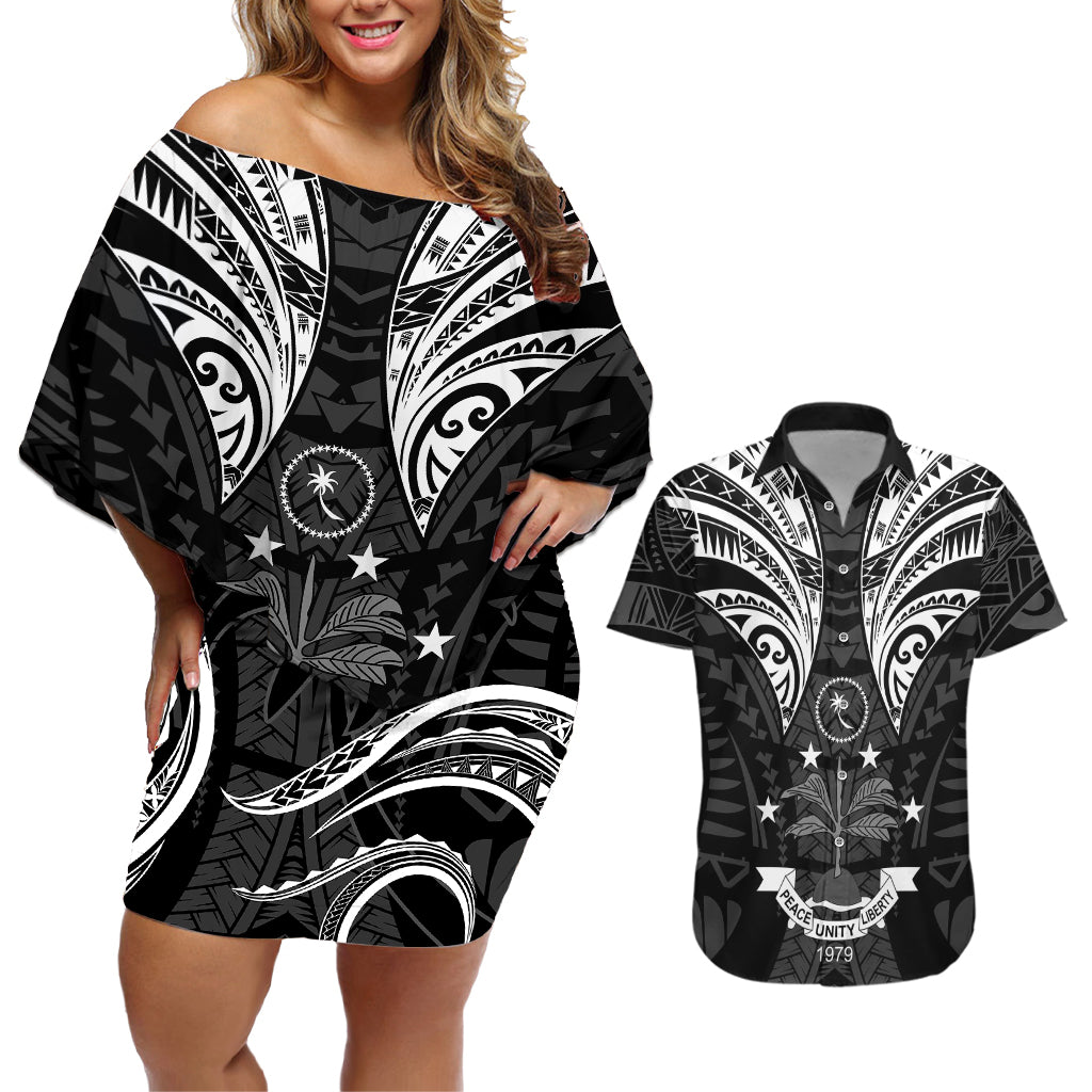 FSM Chuuk States Couples Matching Off Shoulder Short Dress and Hawaiian Shirt Micronesia Vintage Polynesian Tribal Black Version LT9 Black - Polynesian Pride