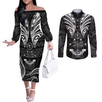 FSM Chuuk States Couples Matching Off The Shoulder Long Sleeve Dress and Long Sleeve Button Shirts Micronesia Vintage Polynesian Tribal Black Version LT9 Black - Polynesian Pride