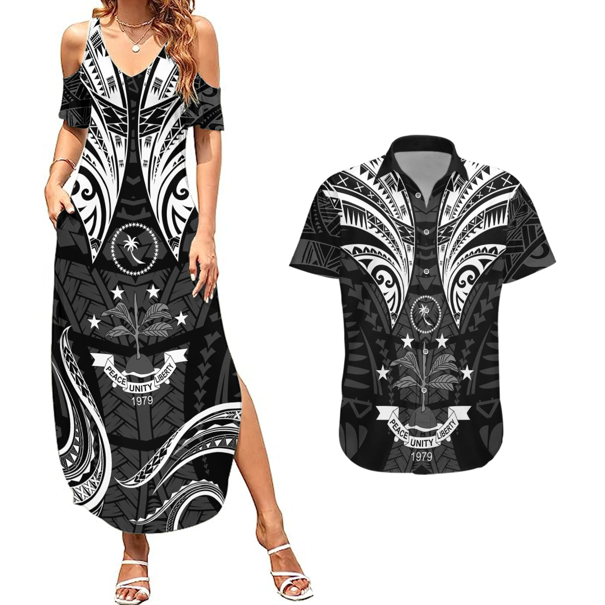 FSM Chuuk States Couples Matching Summer Maxi Dress and Hawaiian Shirt Micronesia Vintage Polynesian Tribal Black Version LT9 Black - Polynesian Pride