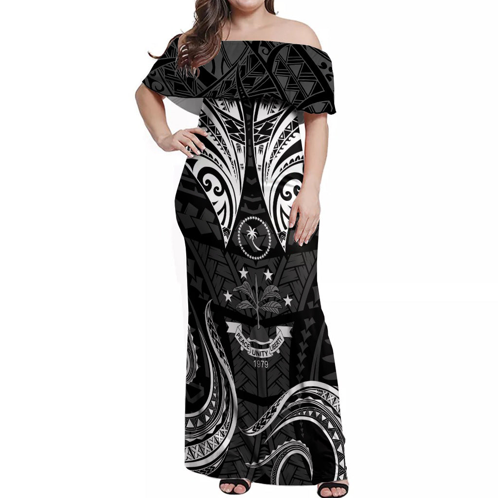 FSM Chuuk States Off Shoulder Maxi Dress Micronesia Vintage Polynesian Tribal Black Version LT9 Women Black - Polynesian Pride