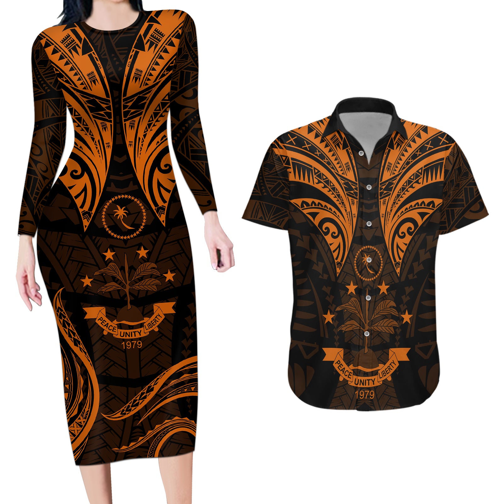 FSM Chuuk States Couples Matching Long Sleeve Bodycon Dress and Hawaiian Shirt Micronesia Vintage Polynesian Tribal Gold Version LT9 Gold - Polynesian Pride