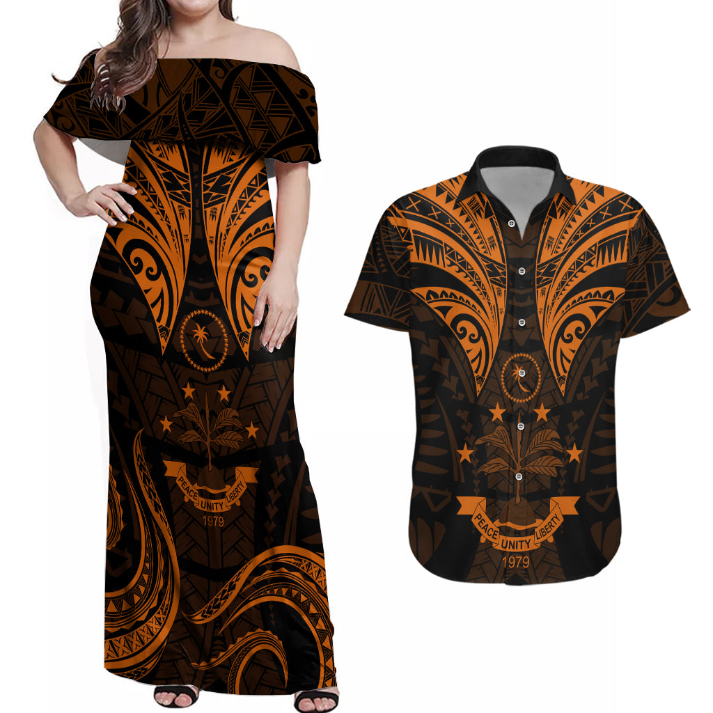 FSM Chuuk States Couples Matching Off Shoulder Maxi Dress and Hawaiian Shirt Micronesia Vintage Polynesian Tribal Gold Version LT9 Gold - Polynesian Pride