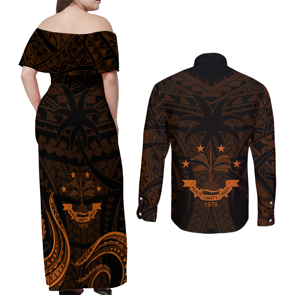 FSM Chuuk States Couples Matching Off Shoulder Maxi Dress and Long Sleeve Button Shirts Micronesia Vintage Polynesian Tribal Gold Version LT9 - Polynesian Pride