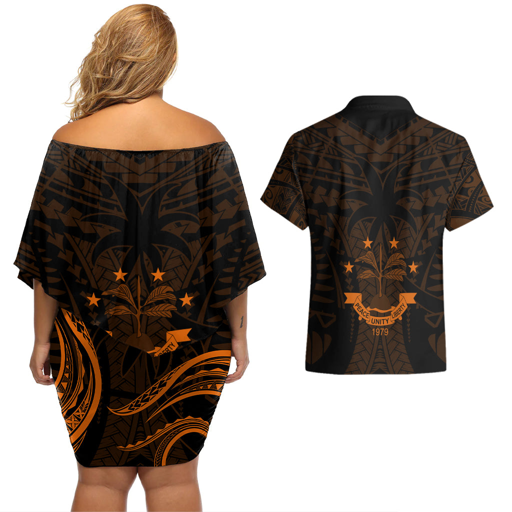 FSM Chuuk States Couples Matching Off Shoulder Short Dress and Hawaiian Shirt Micronesia Vintage Polynesian Tribal Gold Version LT9 - Polynesian Pride