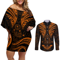 FSM Chuuk States Couples Matching Off Shoulder Short Dress and Long Sleeve Button Shirts Micronesia Vintage Polynesian Tribal Gold Version LT9 Gold - Polynesian Pride