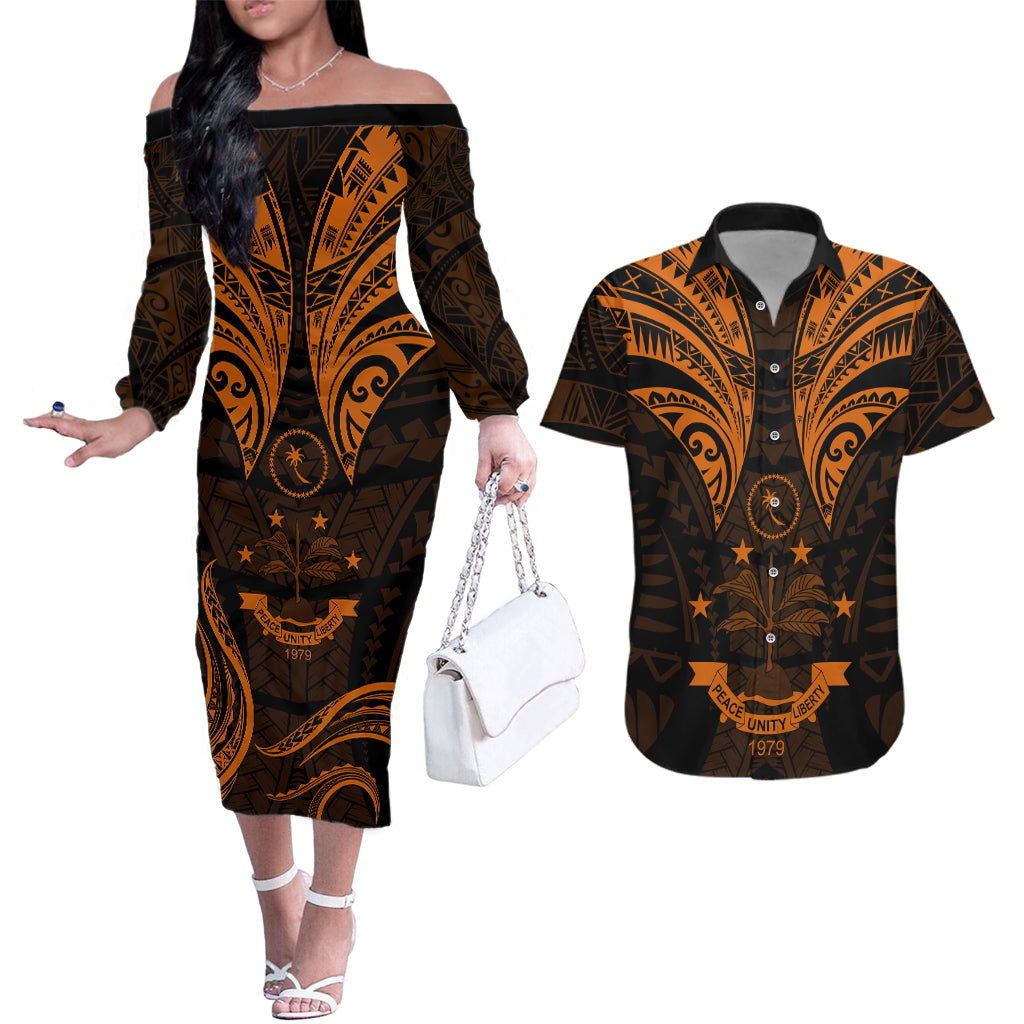 FSM Chuuk States Couples Matching Off The Shoulder Long Sleeve Dress and Hawaiian Shirt Micronesia Vintage Polynesian Tribal Gold Version LT9 Gold - Polynesian Pride