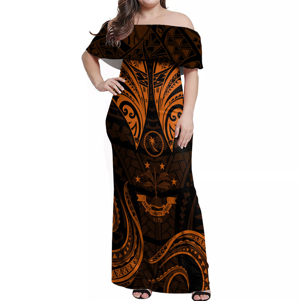 FSM Chuuk States Off Shoulder Maxi Dress Micronesia Vintage Polynesian Tribal Gold Version LT9 Women Gold - Polynesian Pride