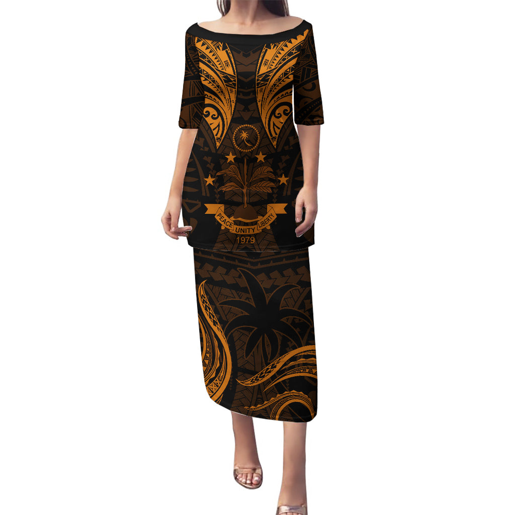 FSM Chuuk States Puletasi Micronesia Vintage Polynesian Tribal Gold Version LT9 Long Dress Gold - Polynesian Pride