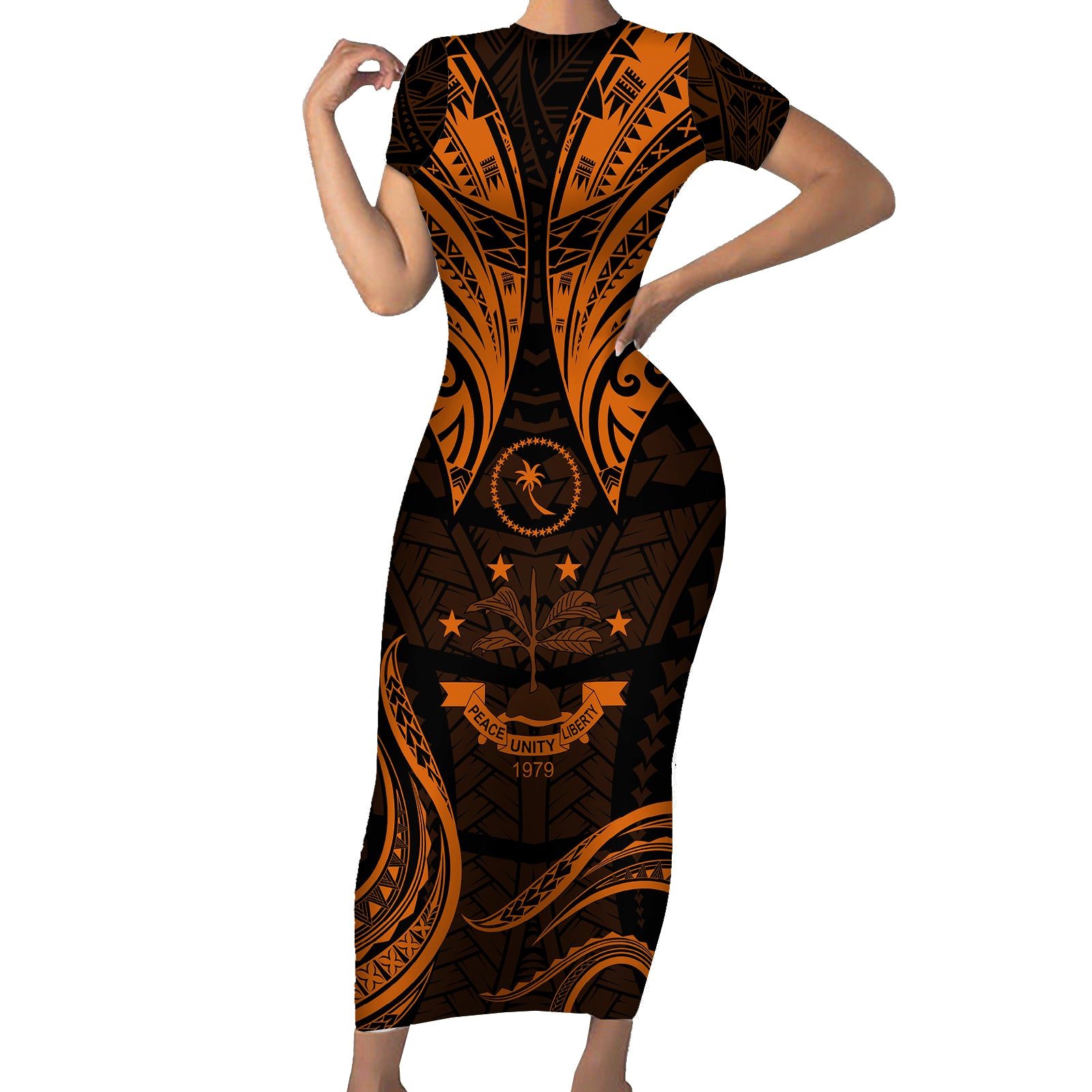 FSM Chuuk States Short Sleeve Bodycon Dress Micronesia Vintage Polynesian Tribal Gold Version LT9 Long Dress Gold - Polynesian Pride