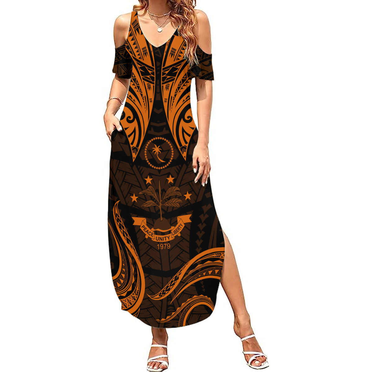 FSM Chuuk States Summer Maxi Dress Micronesia Vintage Polynesian Tribal Gold Version LT9 Women Gold - Polynesian Pride