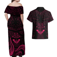 FSM Chuuk States Couples Matching Off Shoulder Maxi Dress and Hawaiian Shirt Micronesia Vintage Polynesian Tribal Pink Version LT9 - Polynesian Pride