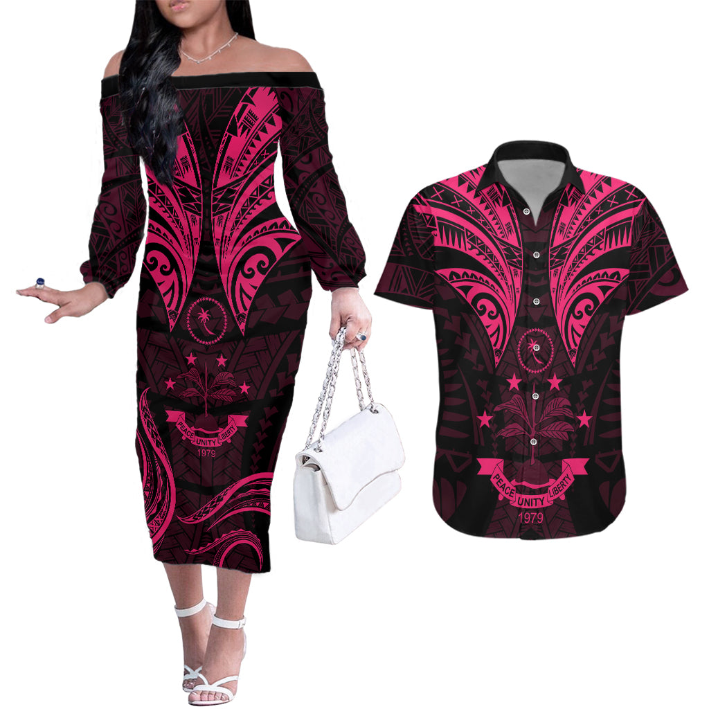 FSM Chuuk States Couples Matching Off The Shoulder Long Sleeve Dress and Hawaiian Shirt Micronesia Vintage Polynesian Tribal Pink Version LT9 Pink - Polynesian Pride