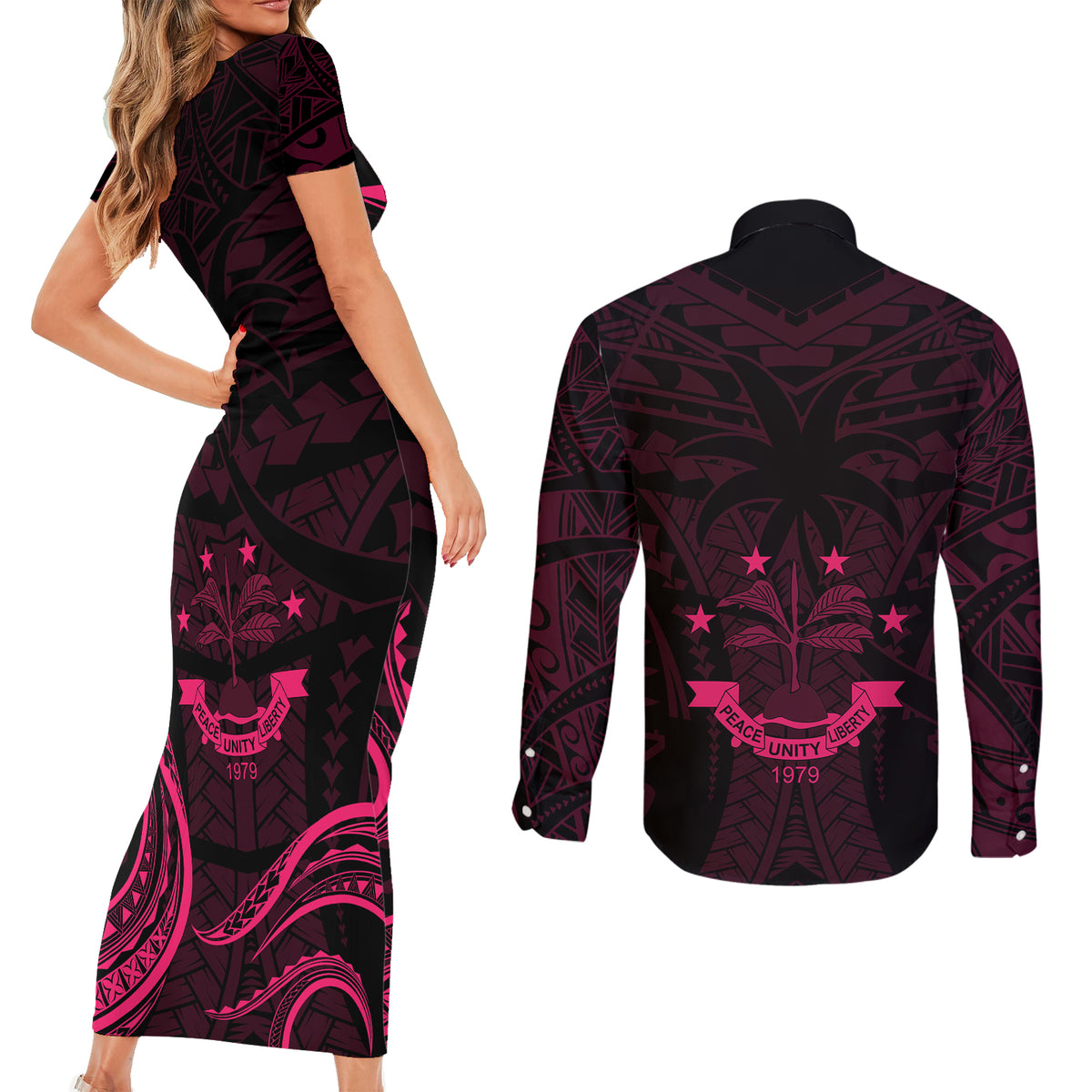 FSM Chuuk States Couples Matching Short Sleeve Bodycon Dress and Long Sleeve Button Shirts Micronesia Vintage Polynesian Tribal Pink Version LT9 - Polynesian Pride