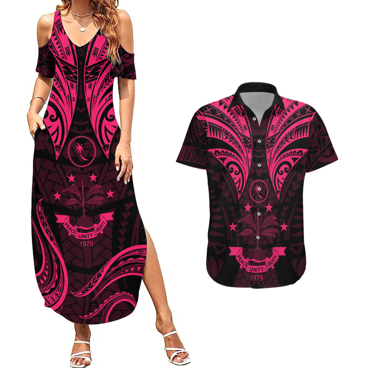 FSM Chuuk States Couples Matching Summer Maxi Dress and Hawaiian Shirt Micronesia Vintage Polynesian Tribal Pink Version LT9 Pink - Polynesian Pride