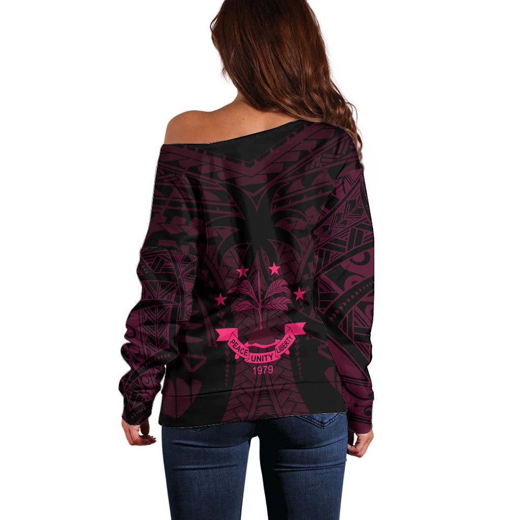 FSM Chuuk States Off Shoulder Sweater Micronesia Vintage Polynesian Tribal Pink Version LT9 - Polynesian Pride