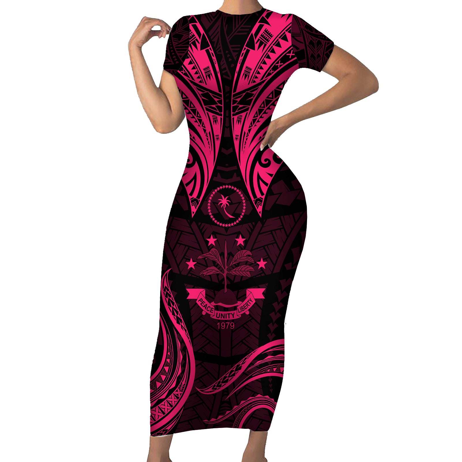 FSM Chuuk States Short Sleeve Bodycon Dress Micronesia Vintage Polynesian Tribal Pink Version LT9 Long Dress Pink - Polynesian Pride