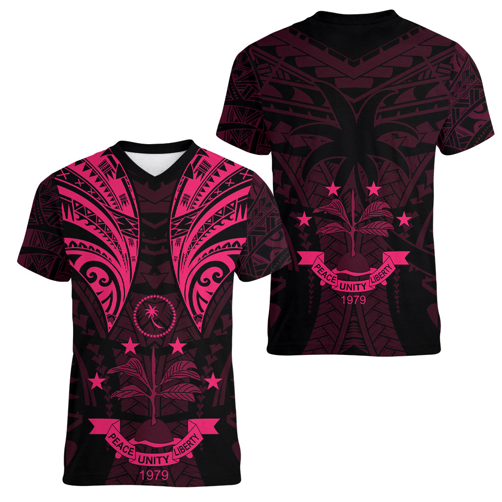 FSM Chuuk States Women V Neck T Shirt Micronesia Vintage Polynesian Tribal Pink Version LT9 - Polynesian Pride