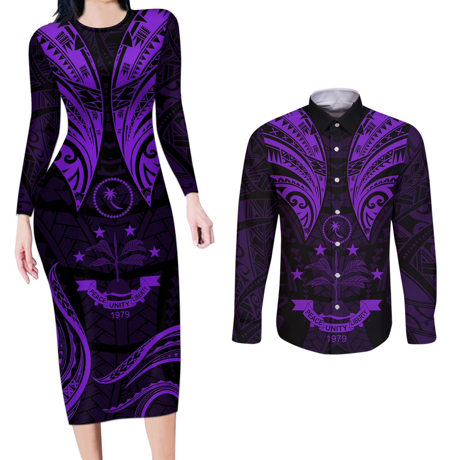 FSM Chuuk States Couples Matching Long Sleeve Bodycon Dress and Long Sleeve Button Shirts Micronesia Vintage Polynesian Tribal Purple Version LT9 Purple - Polynesian Pride