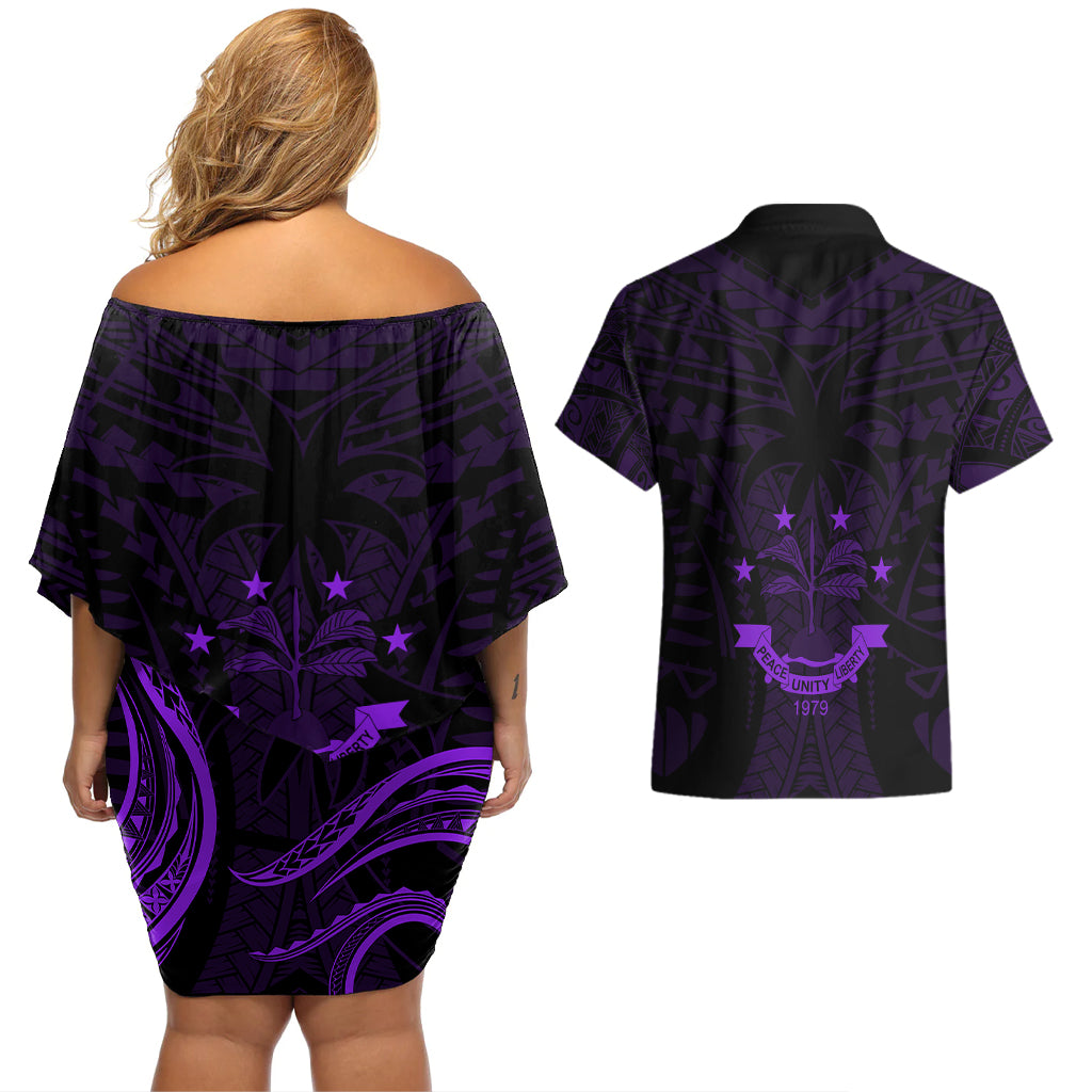 FSM Chuuk States Couples Matching Off Shoulder Short Dress and Hawaiian Shirt Micronesia Vintage Polynesian Tribal Purple Version LT9 - Polynesian Pride