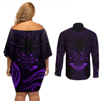 FSM Chuuk States Couples Matching Off Shoulder Short Dress and Long Sleeve Button Shirts Micronesia Vintage Polynesian Tribal Purple Version LT9 - Polynesian Pride
